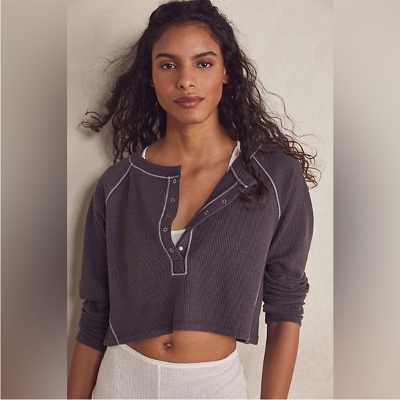 NWOT Free People Early Night Cropped Waffle Knit Pullover In Color Purple Medium - Picture 1 of 9